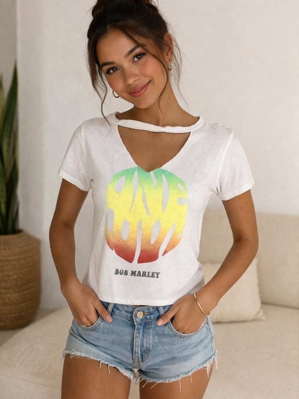 Zion Roots Bob Marley V-Neck Cut Out T-Shirt Xmall
